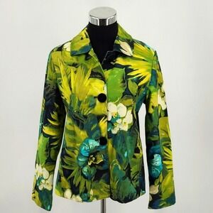 Chicos Tropical Floral Print Jacket Green Yellow Blue Size 1 Stretch Cotton